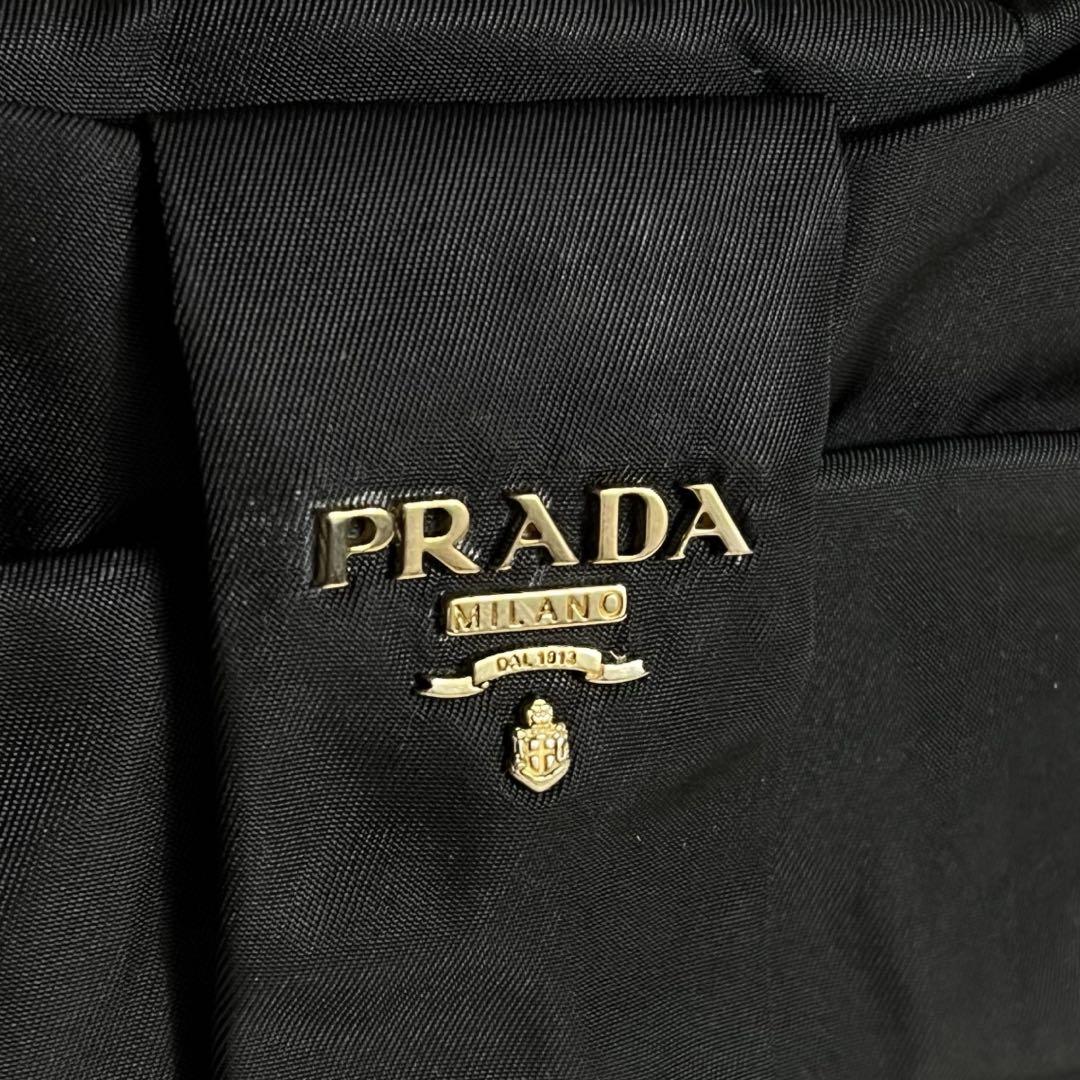美品✨PRADA リボン ハンドバッグ ナイロン ブラック ロゴ金具