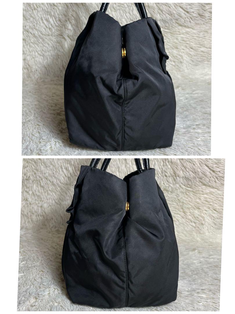 美品✨PRADA リボン ハンドバッグ ナイロン ブラック ロゴ金具