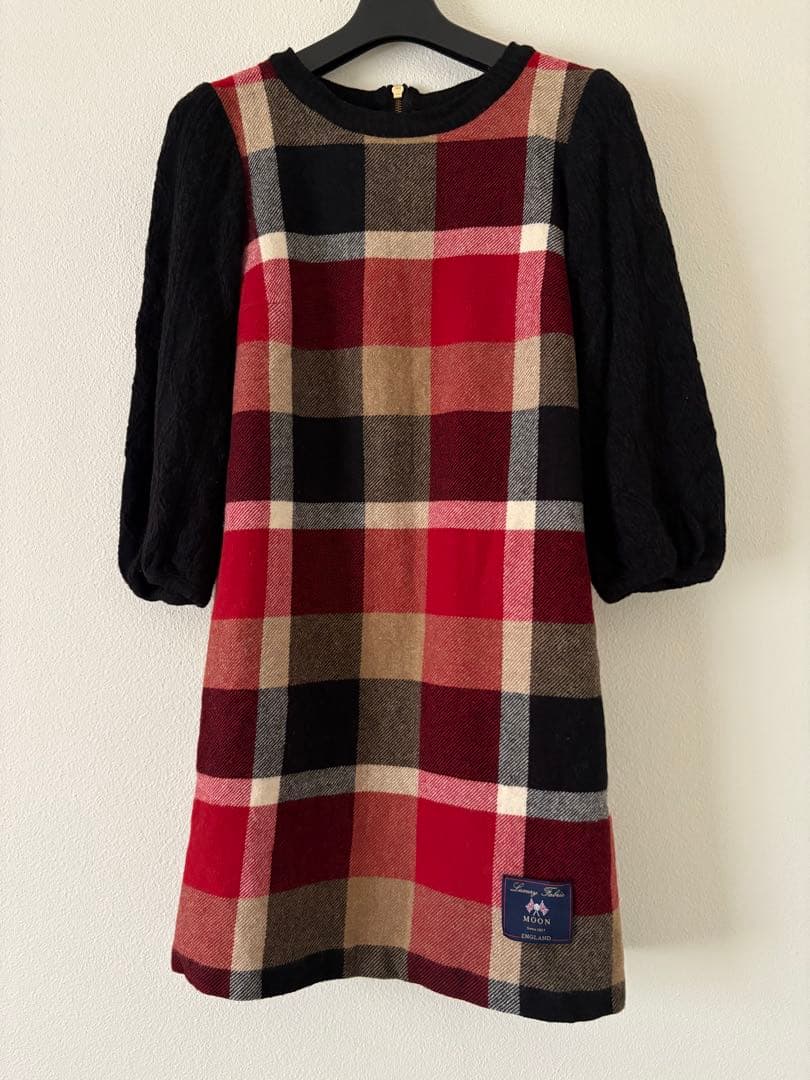 ブルーレーベルクレストブリッジニットワンピース赤チェック長袖36S・BLUE LABEL CRESTBRIDGE