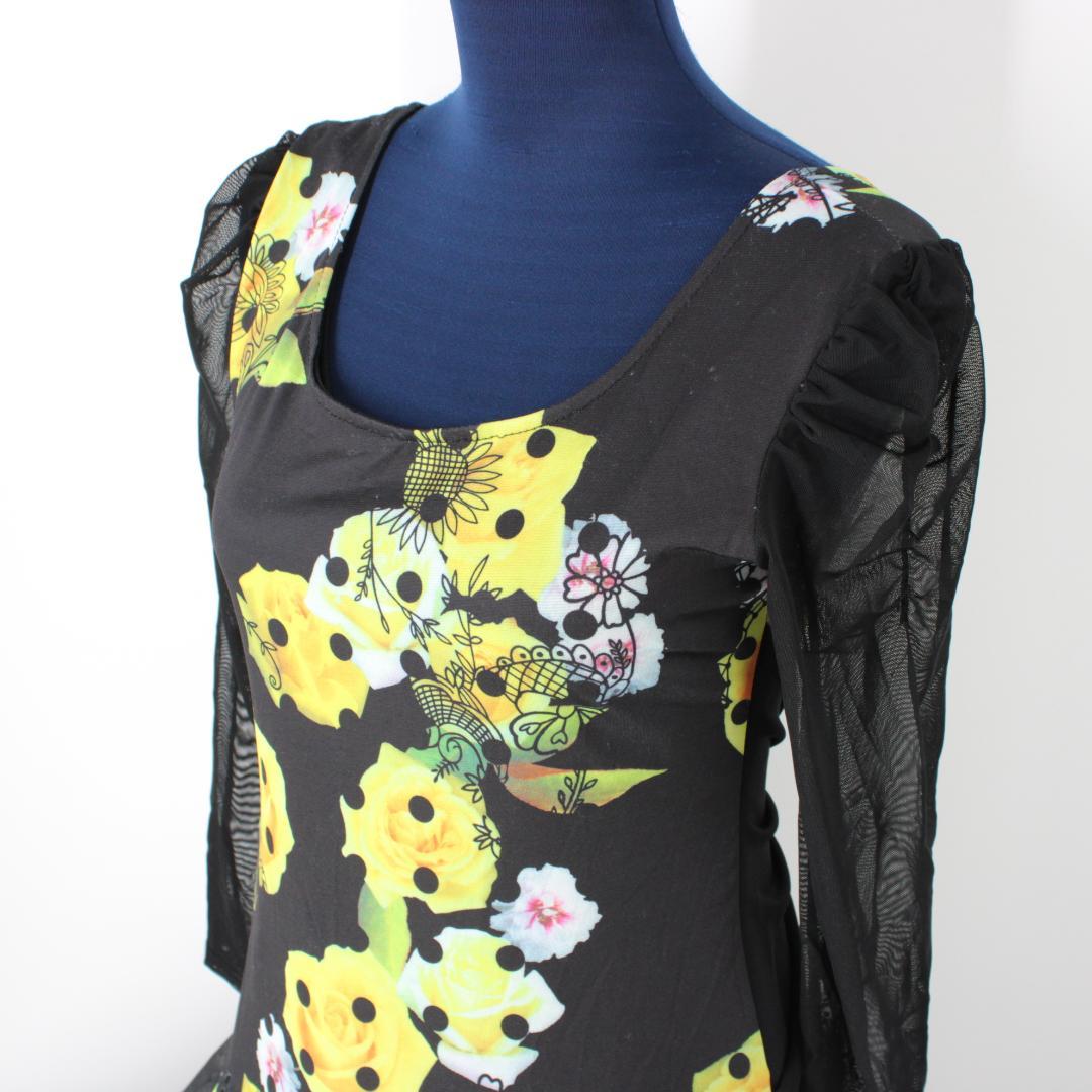 【美品社交ダンス衣装】ワンピース ドレス 黒 黄色 花柄 フェミニン 上品 気品