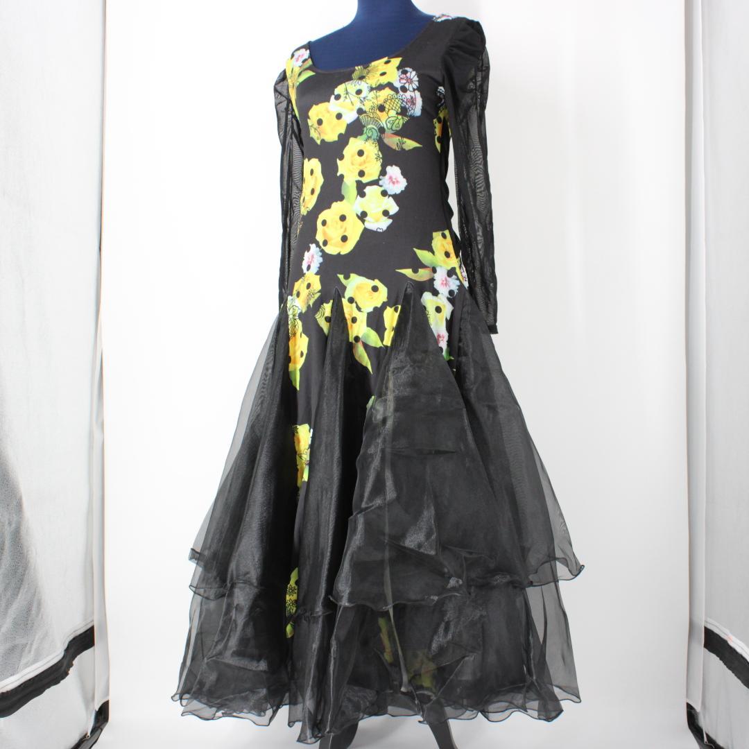 【美品社交ダンス衣装】ワンピース ドレス 黒 黄色 花柄 フェミニン 上品 気品