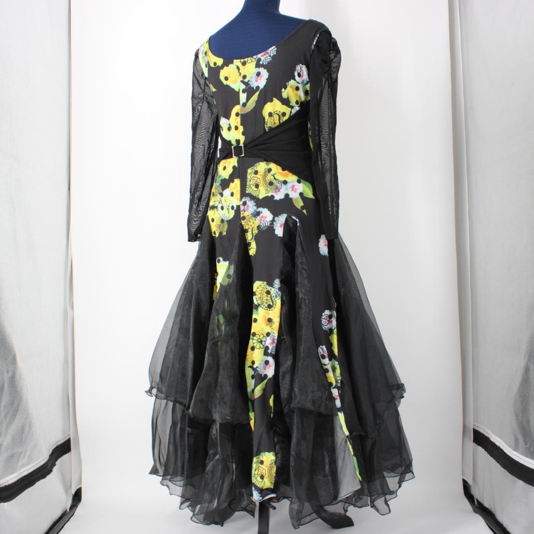 【美品社交ダンス衣装】ワンピース ドレス 黒 黄色 花柄 フェミニン 上品 気品