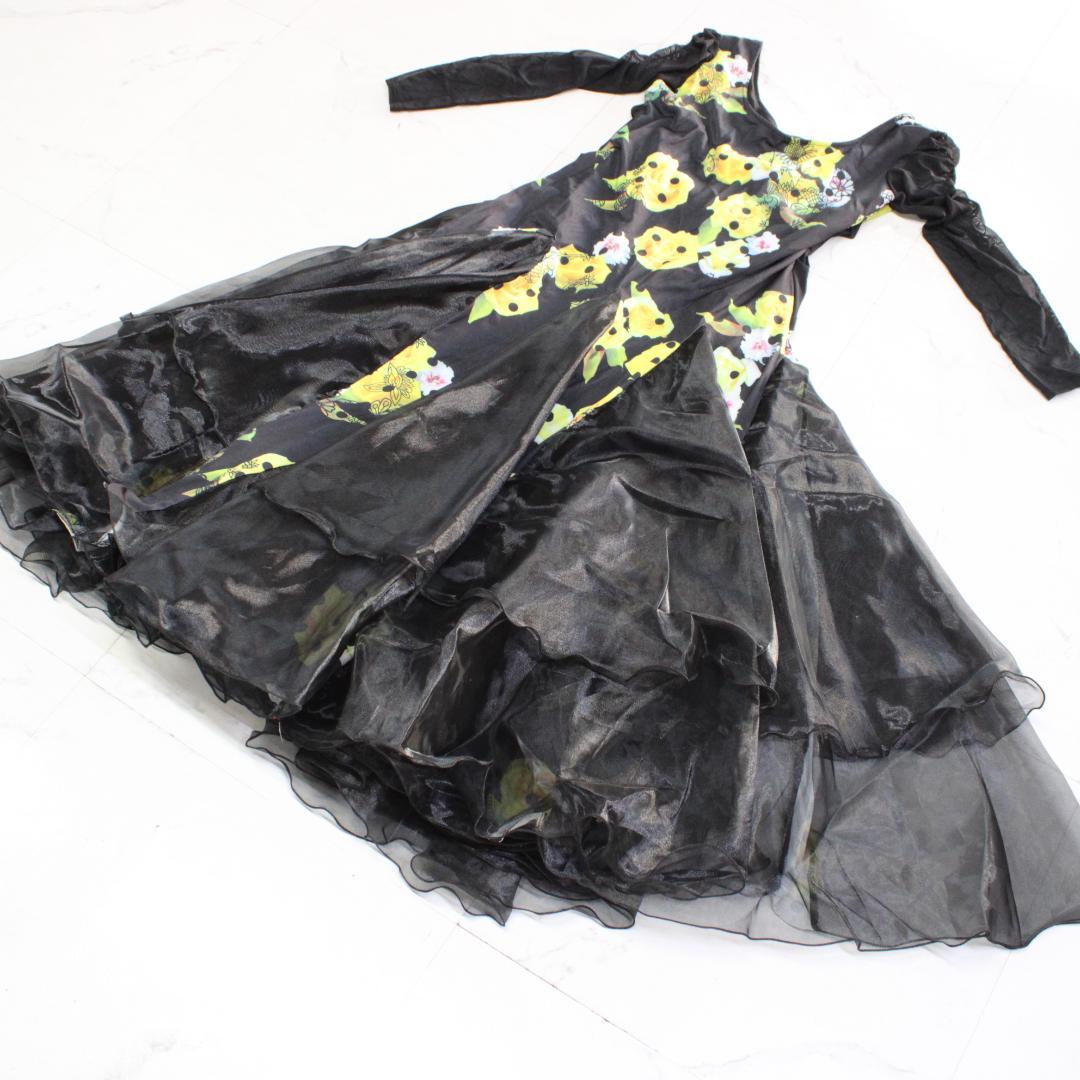 【美品社交ダンス衣装】ワンピース ドレス 黒 黄色 花柄 フェミニン 上品 気品