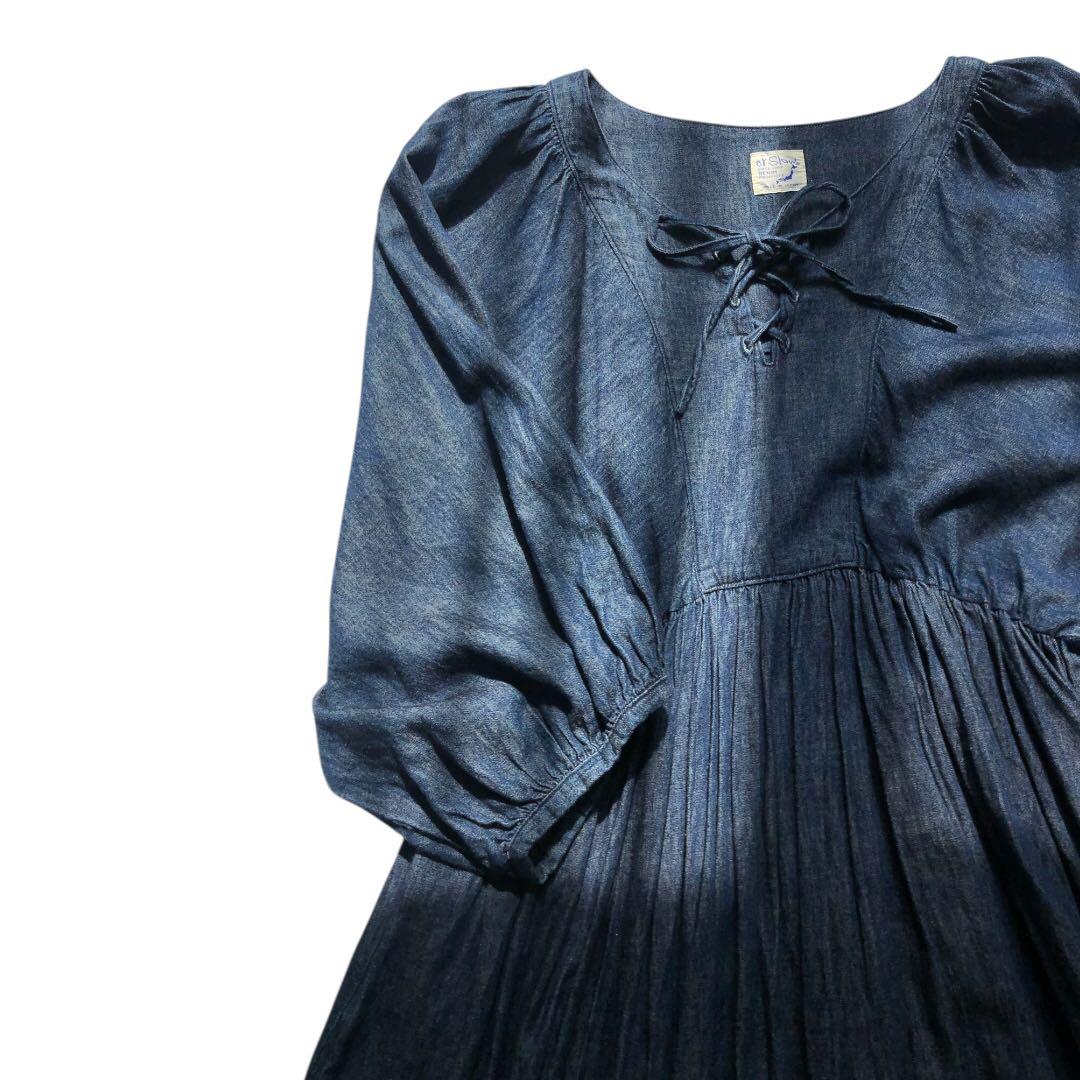 美品【orSlow】コットン リネン デニム ギャザー ワンピース