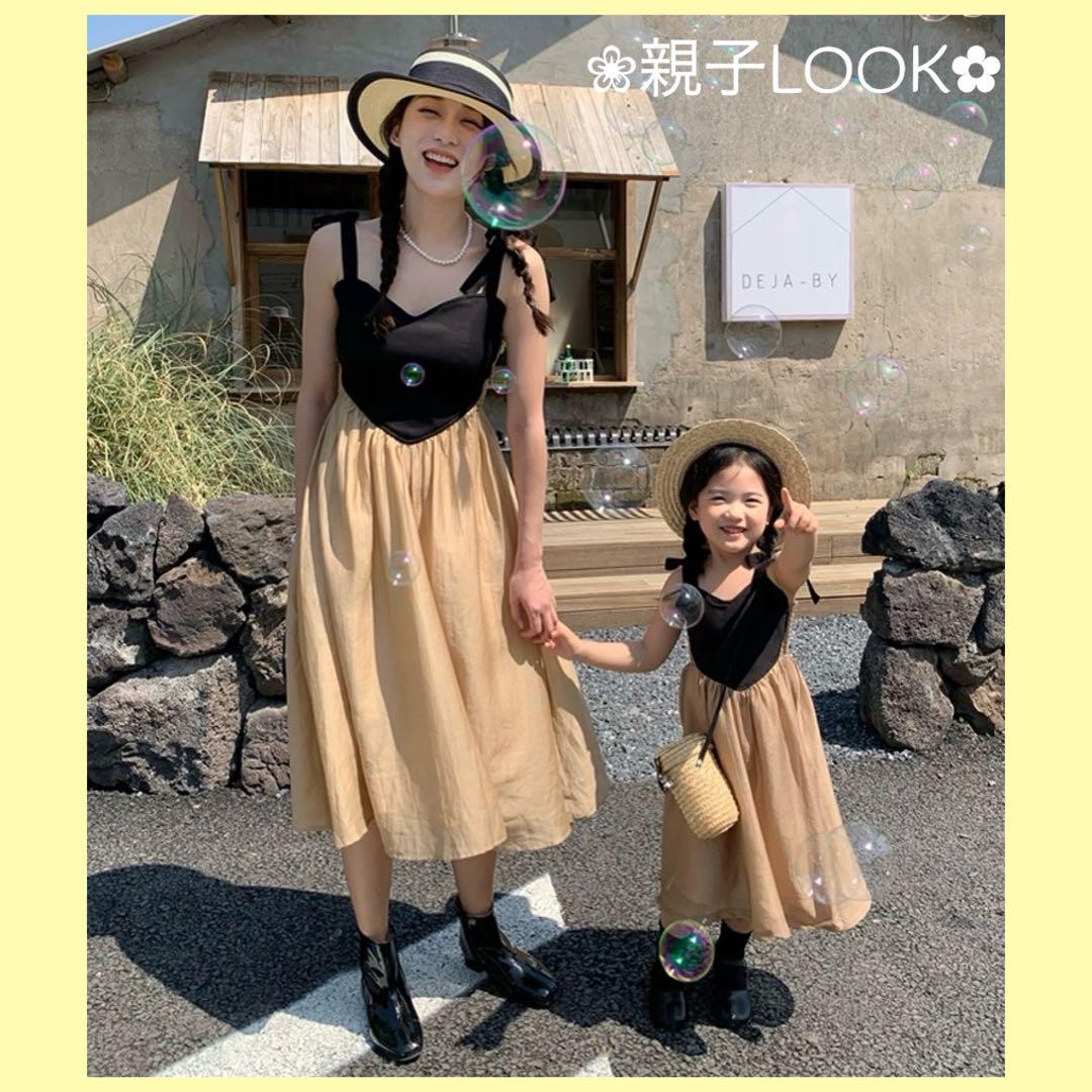 親子お揃いコーデ　ノースリーブロングワンピース　フレアスカート　ガーリーな1枚