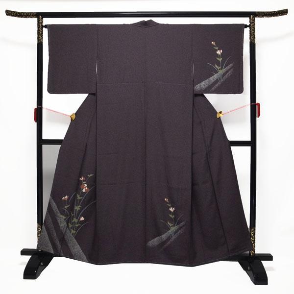 付下げ 着物 手染め たたき染 濃紫 花 金彩加工 裄64 M 中古 sn256