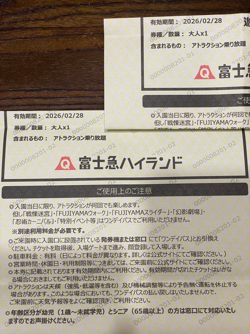 富士急ハイランド　フリーパス引換券