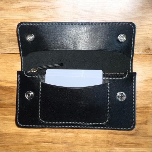 ロングトラッカーウォレット/姫路レザー芯通し黒色/ステッチ白色/フルハンドメイド