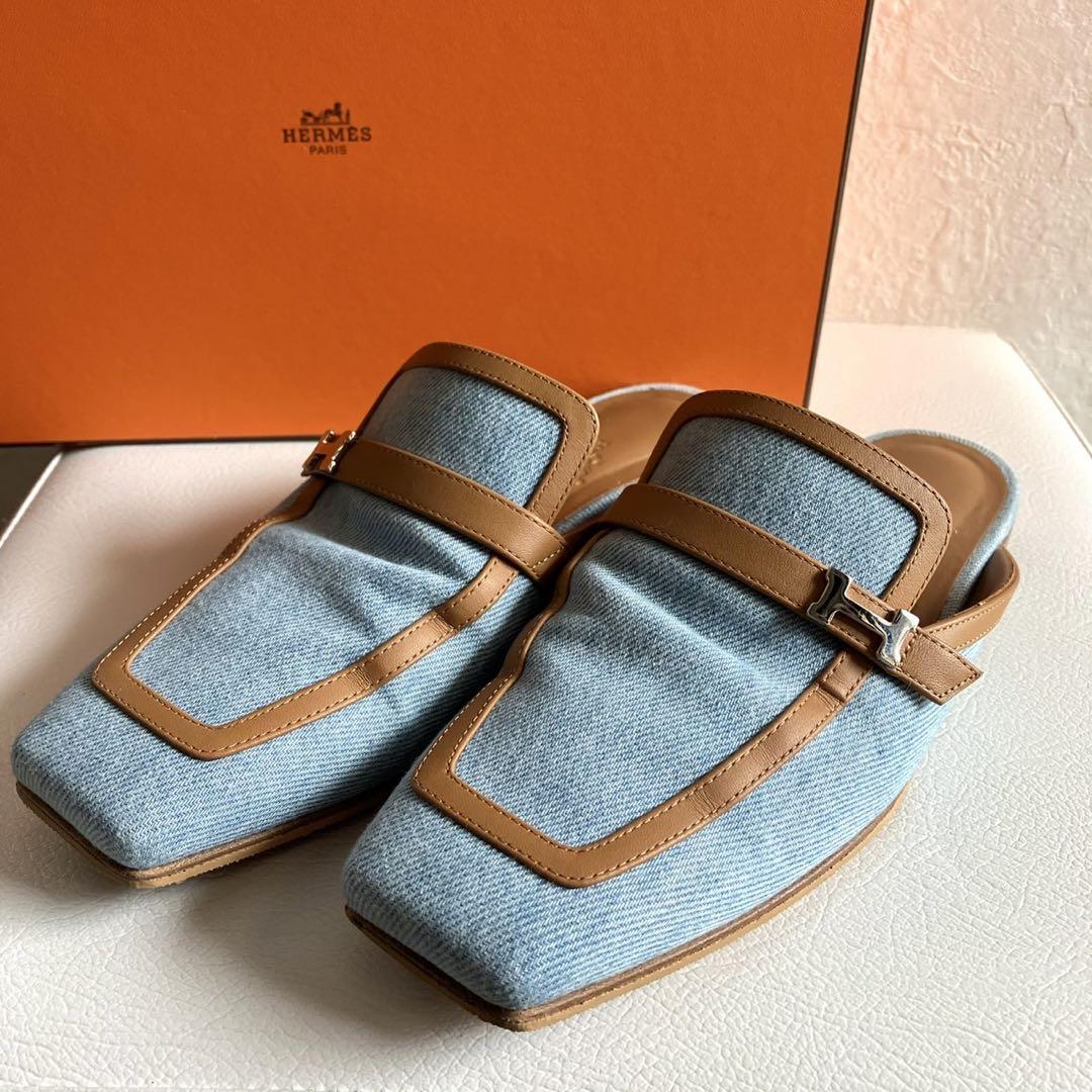 未使用 エルメス グルーピー デニム レザー H金具 ミュール