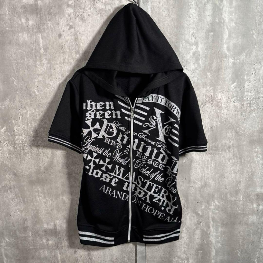 半袖 パーカー 平成ギャル　お兄系　00s grunge archive ラメ 平成初期 00s ヤンキー系 ギャルy2k ラメ英字プリント 半袖