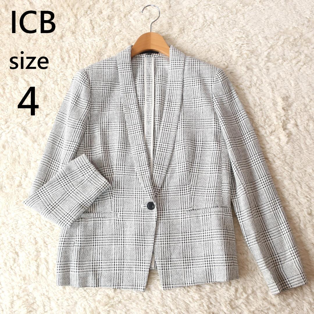 ICB テーラードジャケット チェック柄 １つボタン コットン混 白 黒 4