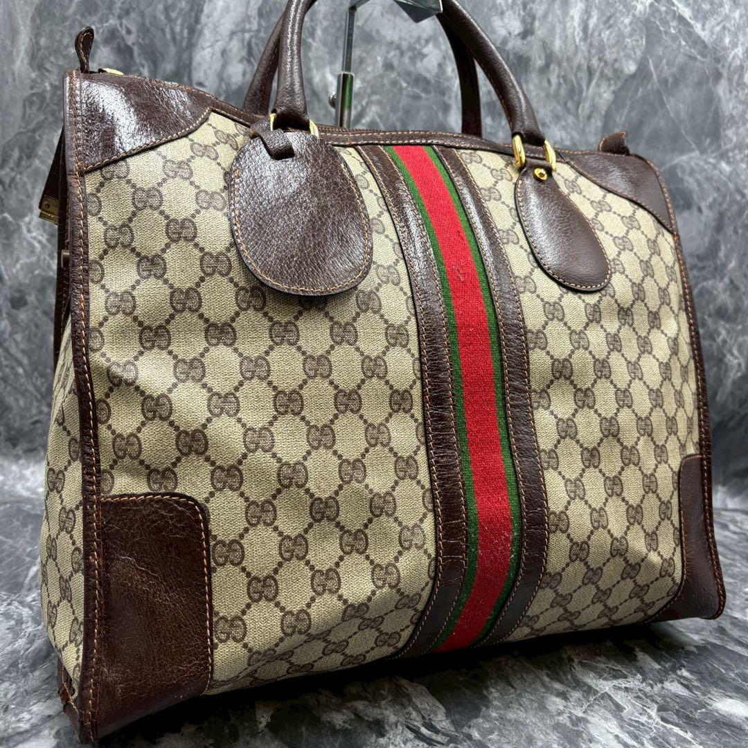 GUCCI GG シェリーライン ボストンバッグ ブラウン ロゴ レザー