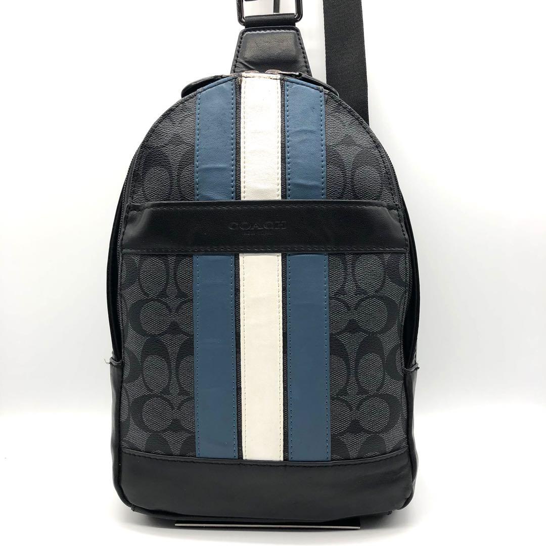 人気】COACH ボディバッグ シグネチャー ストライプ レザー PVC 黒