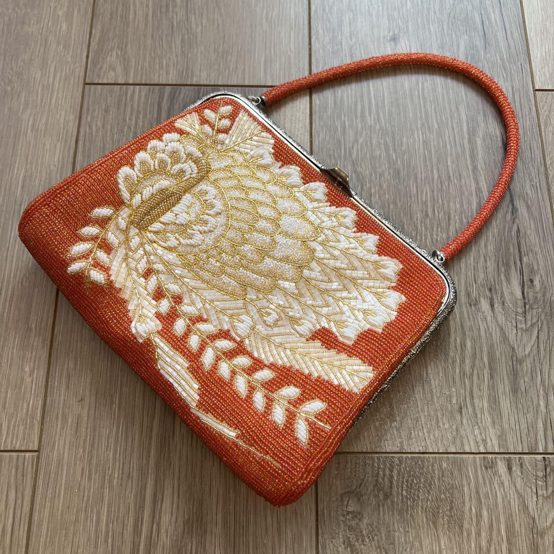 オレンジ ビーズ刺繍 ハンドバッグ
