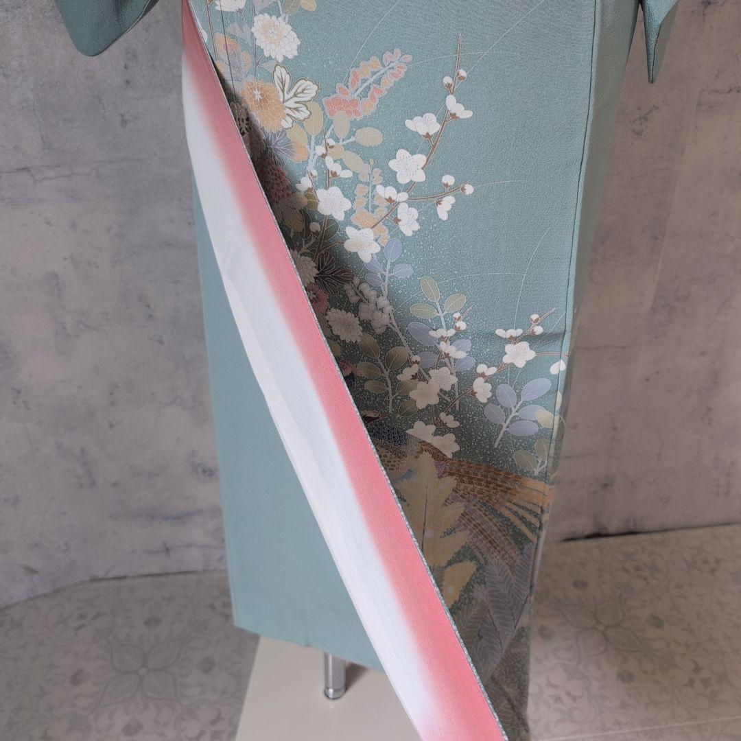 着物 訪問着 フルセット 正絹 袷 パステルグリーン 落款 鳥 草花