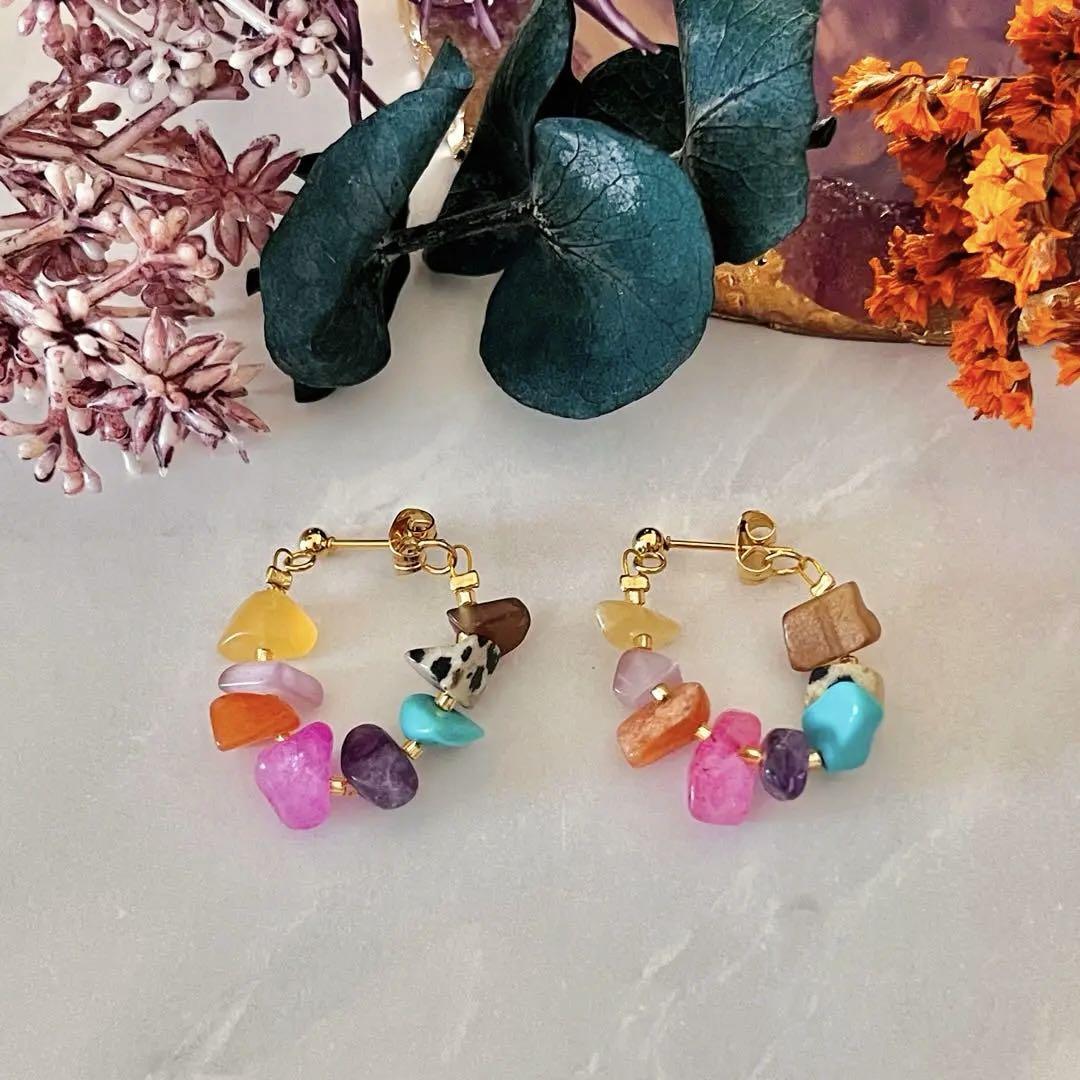 【おすすめ】 フープ 天然石 マルチカラー ピアス 金属 カラフル天然石 アクセサリー