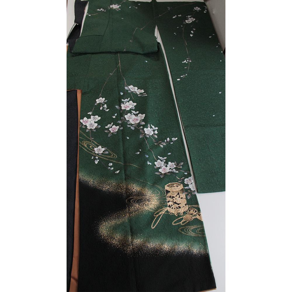 成人式　深緑　シンプル　ヤマト高級振袖と長襦袢　計6点セット　帯締め帯揚げ刺繍衿 成人式 深緑 シンプル ヤマト高級振袖と長襦袢 計6点セット