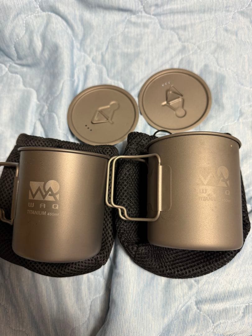 チタン製マグカップ2個セット WAQ フタ付き450mlとモンベル　マグ未使用!