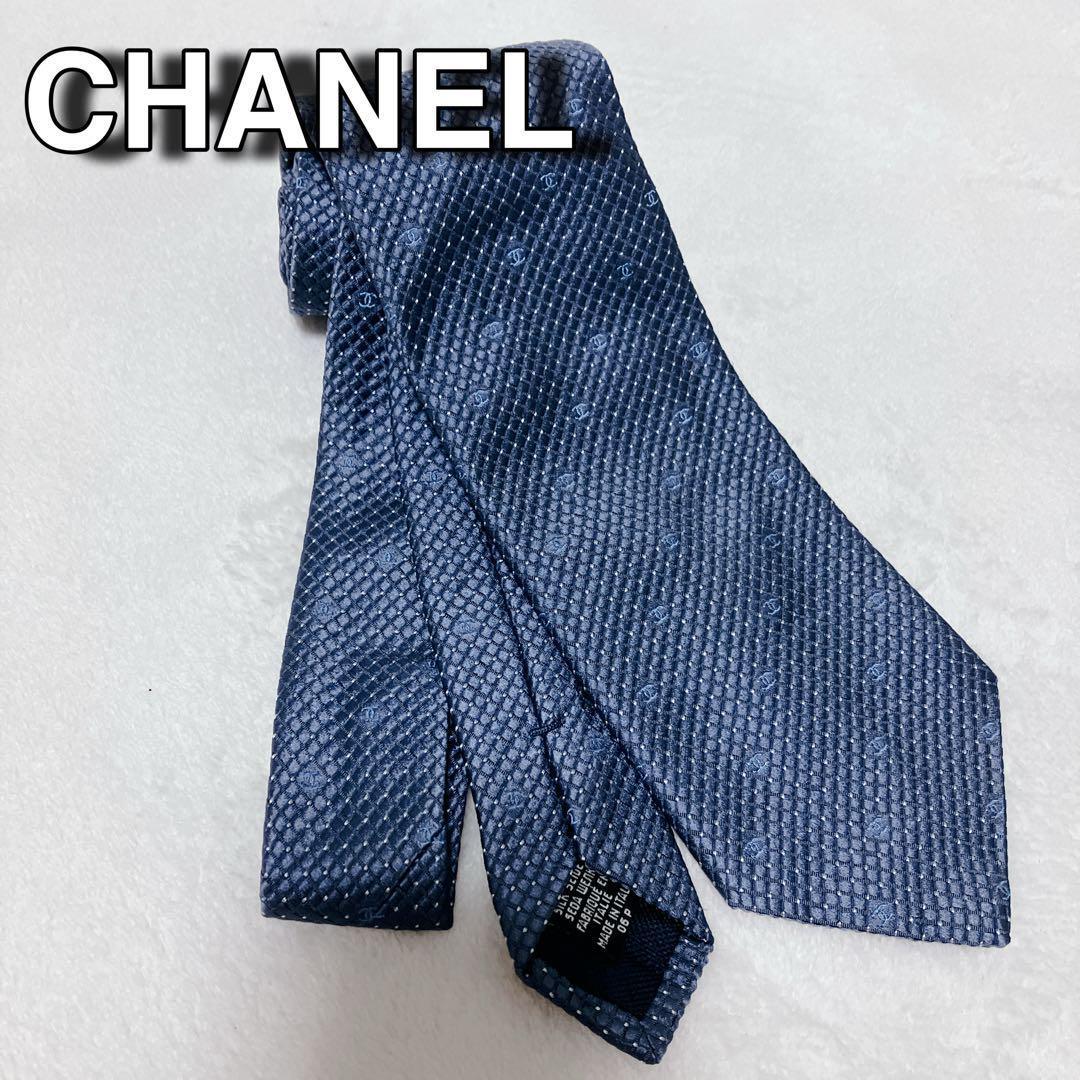 新品】シャネル ネクタイ 青 シルク ロゴ CHANEL ブルー