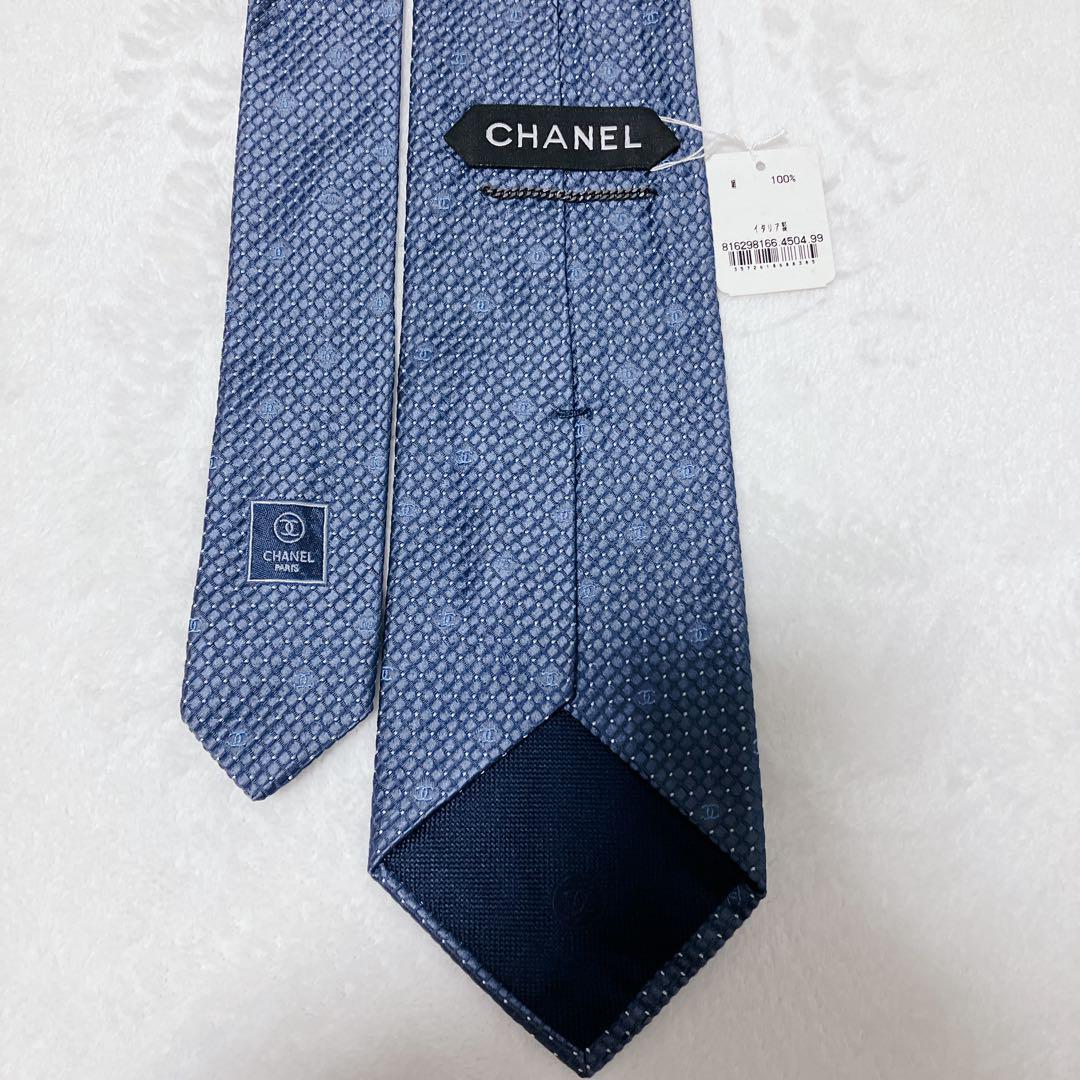 【aysak2019✨】シャネル ネクタイ 青 シルク ロゴ CHANEL
