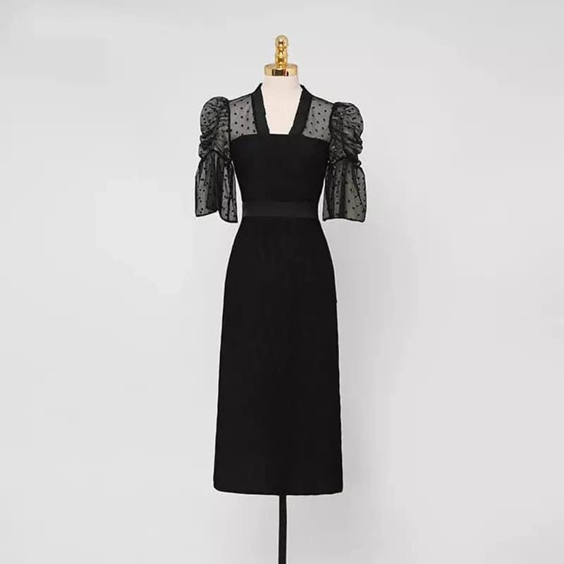 XL パフ袖 ロング ワンピース 黒 シースルー 袖 フォーマル 卒業式 結婚式