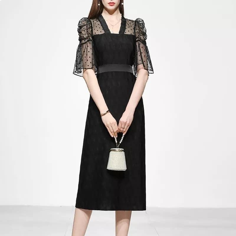 XL パフ袖 ロング ワンピース 黒 シースルー 袖 フォーマル 卒業式 結婚式