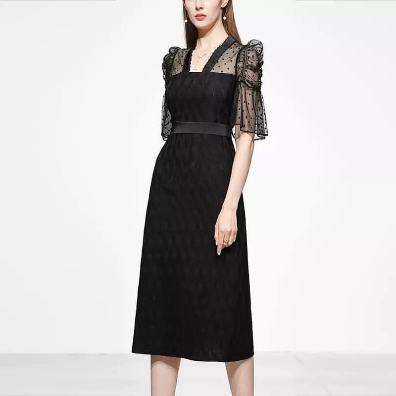 XL パフ袖 ロング ワンピース 黒 シースルー 袖 フォーマル 卒業式 結婚式