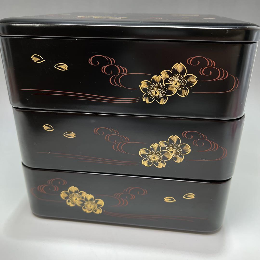 n1217-70 輪島塗　重箱　沈金　時代物　桜　漆　工芸　三段　お重　木箱
