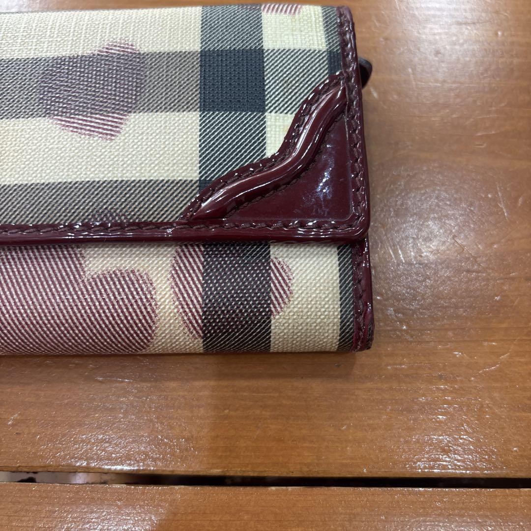 バーバリーハート柄チェック長財布 ベージュボルドー