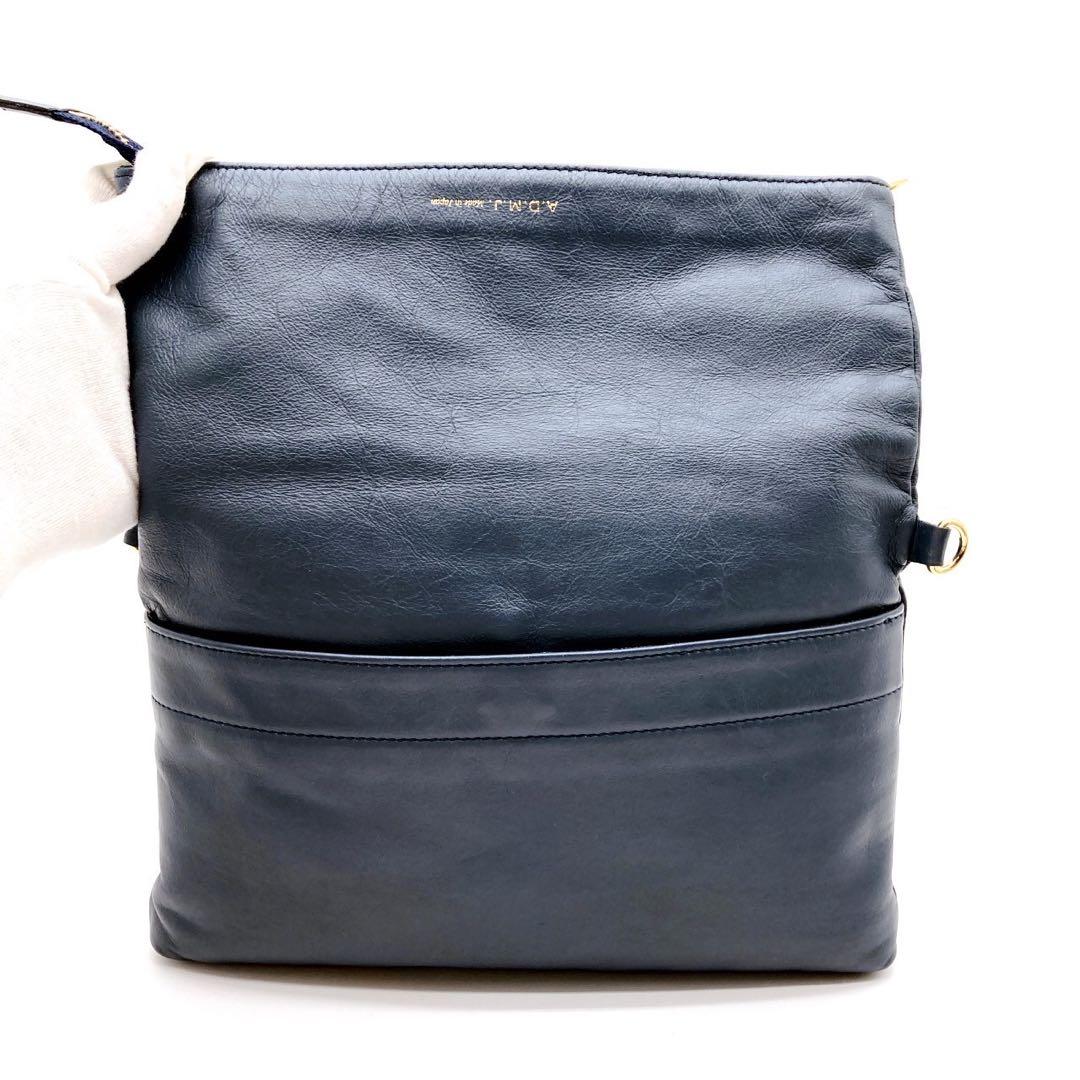 A.D,M.J. 2way ショルダーバッグ　クラッチバッグ　ネイビー　レザー