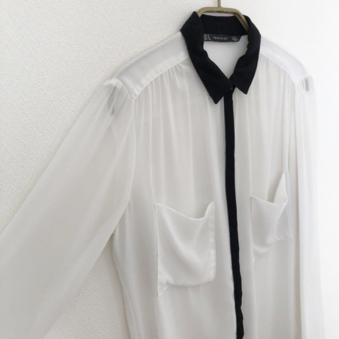 ZARA ザラ 白地x黒ライン入り 長袖ブラウス 透け感あり 2