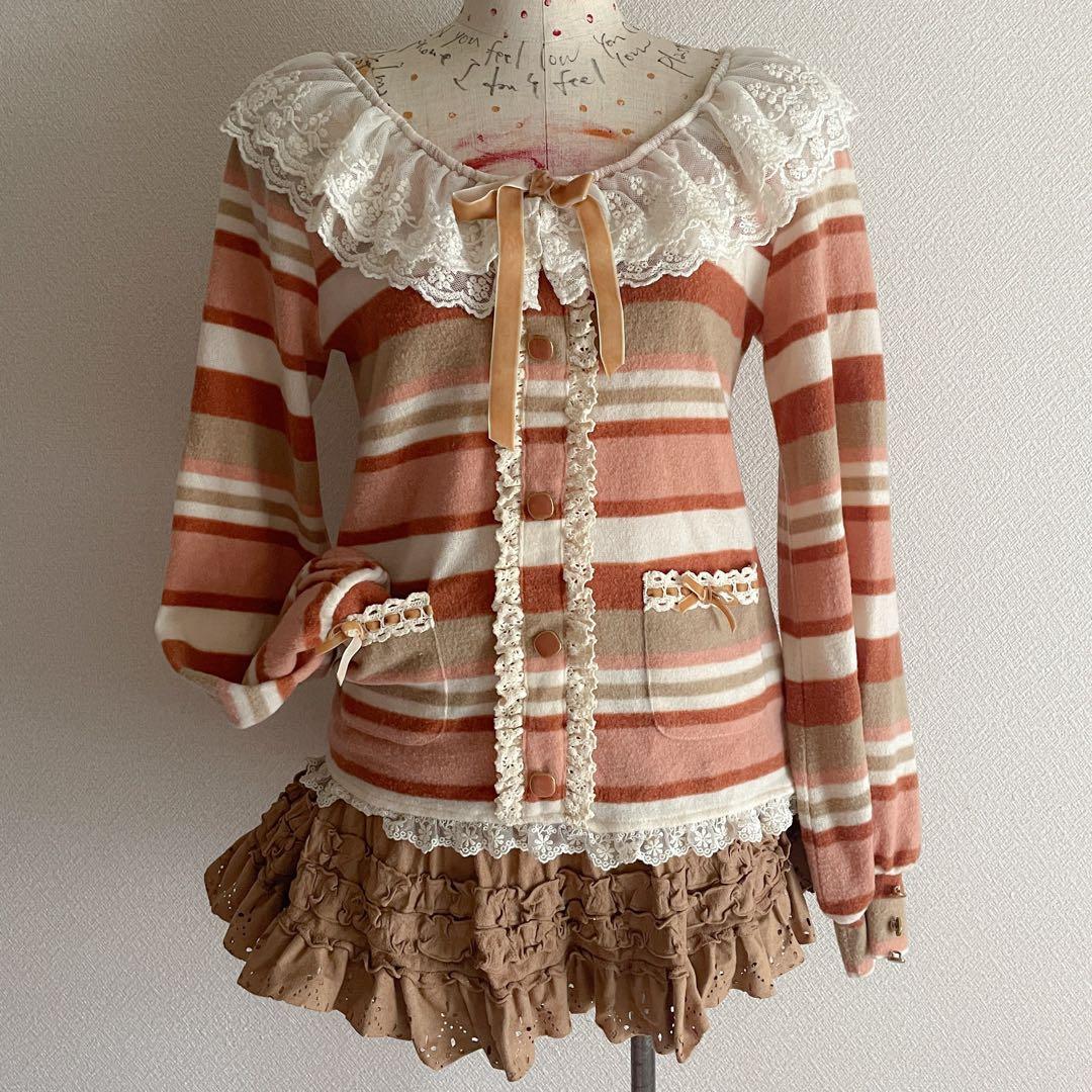 00s LIZLISA リボン付起毛ボーダーフリルカットソー 姫カジ SIZE LIZ LISA