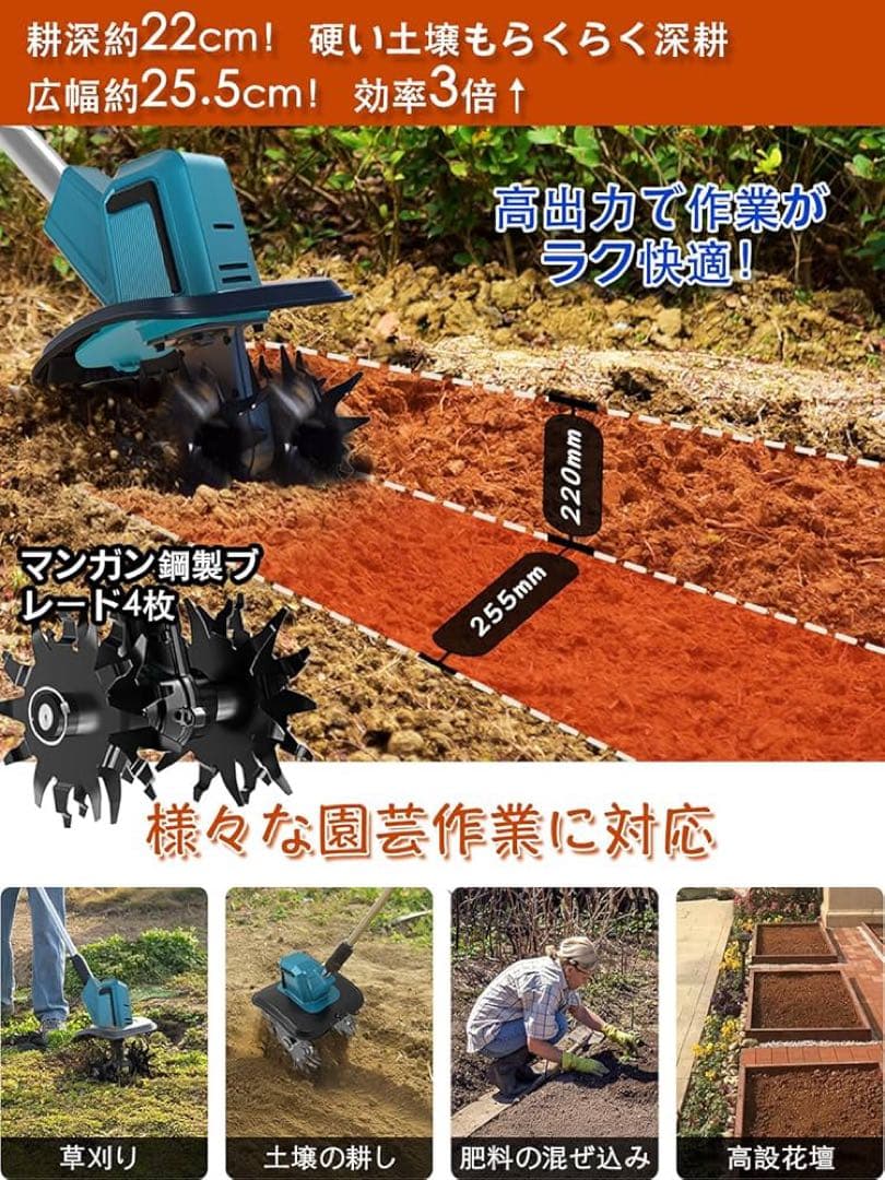 耕運機 家庭用 充電式耕うん機 耕幅255mm|耕深220mm 2個バッテリー新品、♥ HRDEVELOPMENT_JP