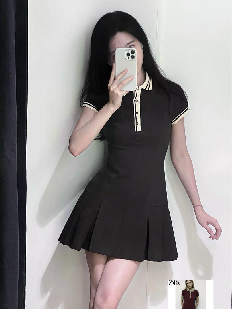 ZARA コントラストリブ編みプリーツワンピース ダークブラウン ZARA コントラストリブ編みプリーツワンピース ダークブラウン
