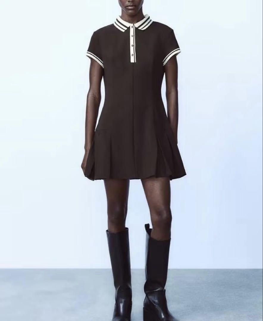 ZARA コントラストリブ編みプリーツワンピース ダークブラウン ZARA コントラストリブ編みプリーツワンピース ダークブラウン