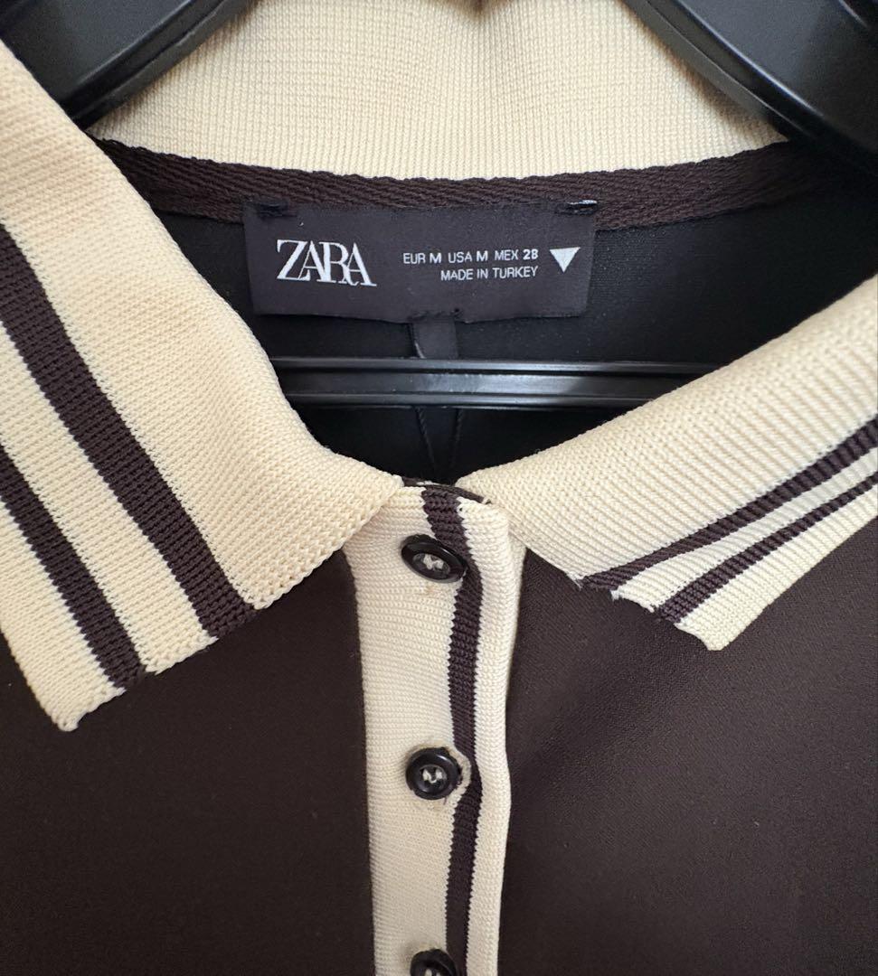 ZARA コントラストリブ編みプリーツワンピース ダークブラウン