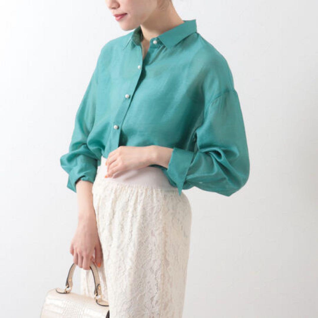 ノーリーズ◇シアー　スラブパール釦　２ｗａｙシャツ　新品　グリーン　36