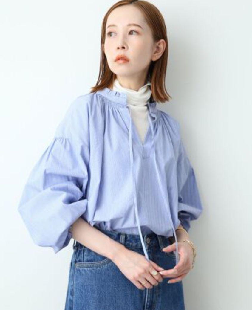 【美品】スローブイエナ ストライプ フリルカラーギャザーブラウス ブルー SLOBE IENA - SALE【美品】スローブイエナ ストライプ フリル