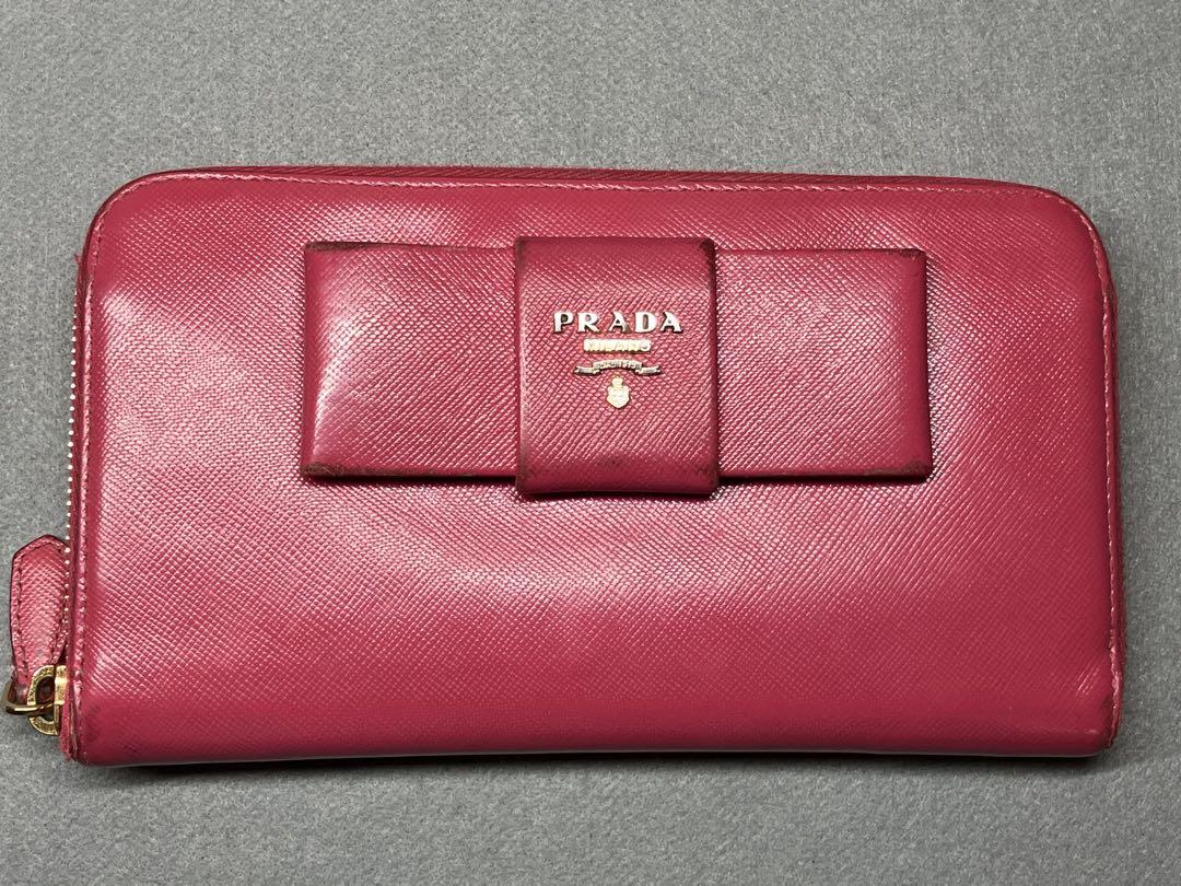 【PRADA】プラダ サフィアーノ ラウンドファスナー 長財布 リボン ピンク