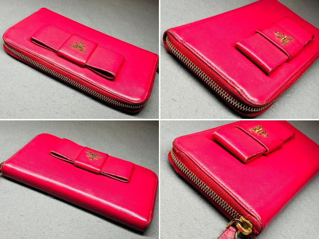 【PRADA】プラダ サフィアーノ ラウンドファスナー 長財布 リボン ピンク