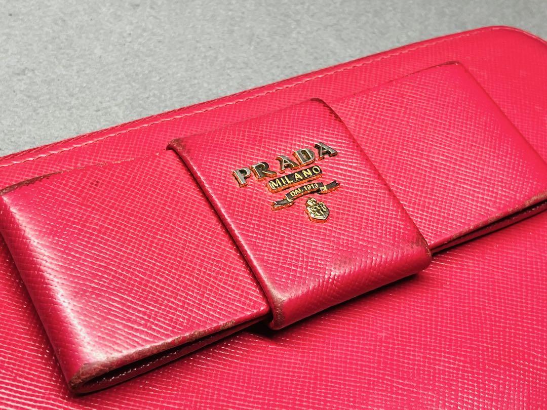 【PRADA】プラダ サフィアーノ ラウンドファスナー 長財布 リボン ピンク