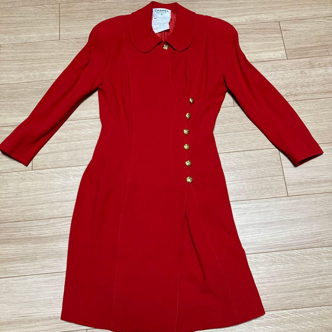 シャネル ロングコート ココマーク 金ボタン レッド 38 MM CHANEL