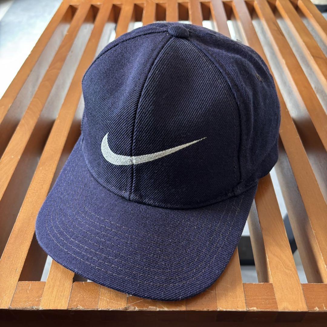 90s Nike 銀タグ ネイビー フロントビッグロゴ キャップ AT46