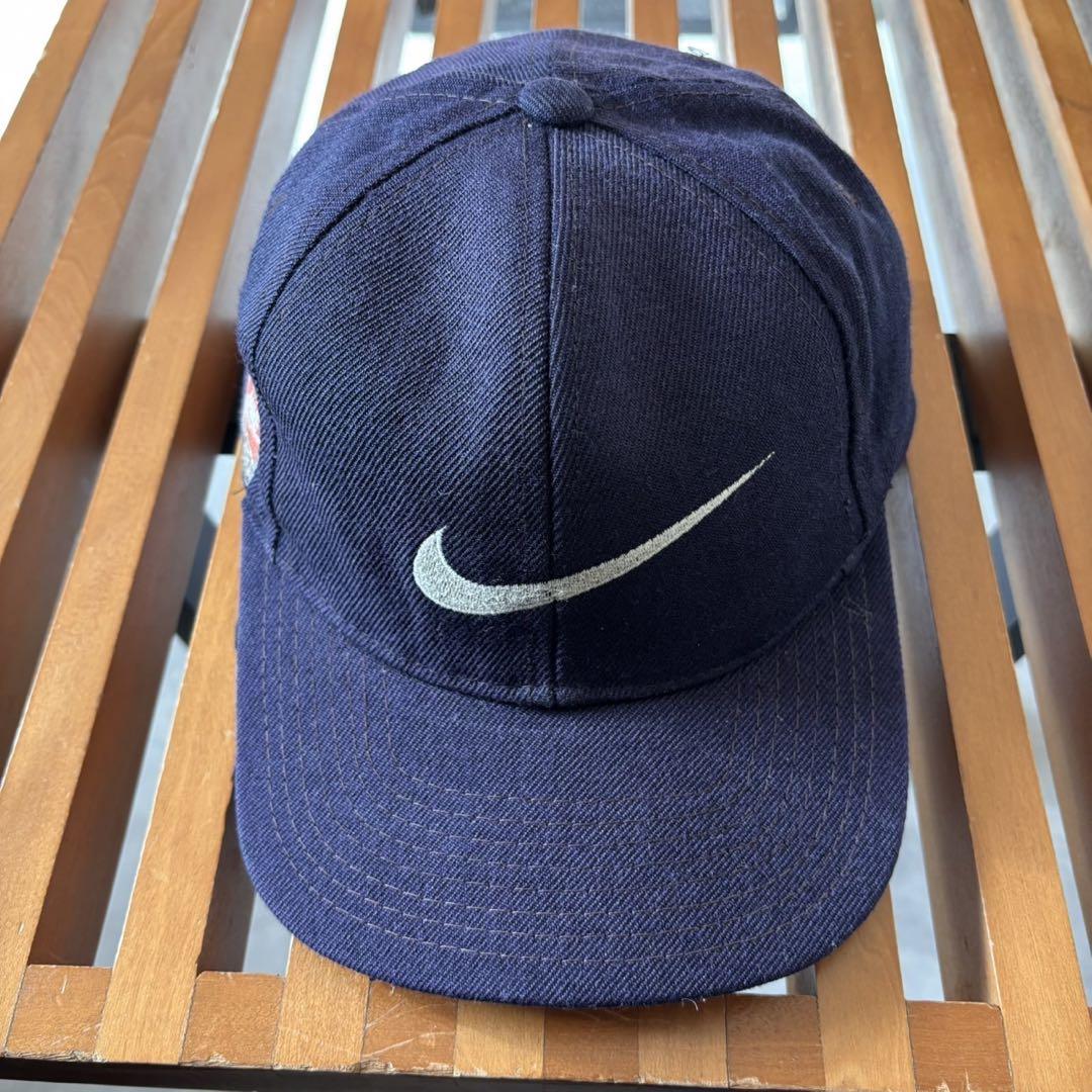 90s Nike 銀タグ ネイビー フロントビッグロゴ キャップ AT46