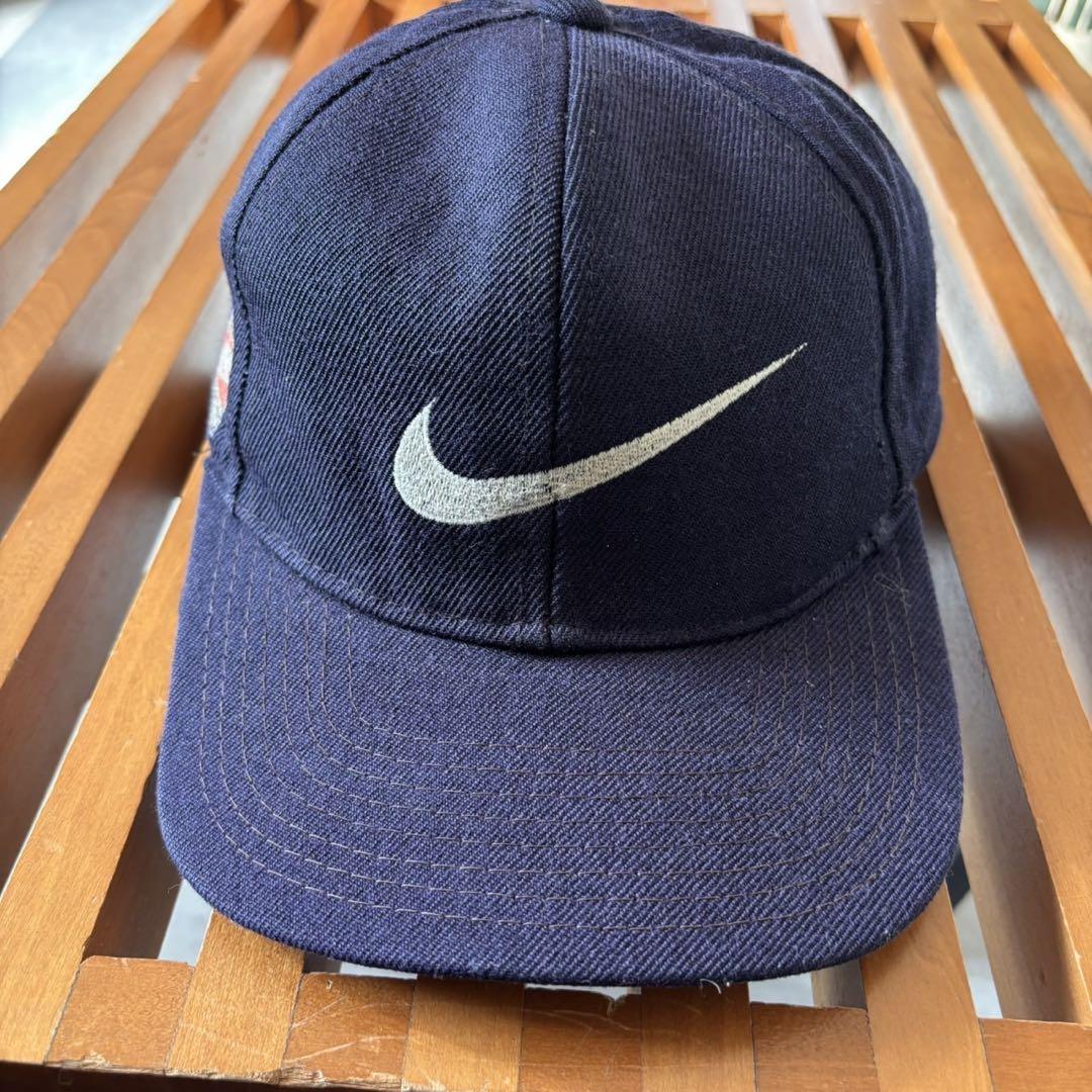 90s Nike 銀タグ ネイビー フロントビッグロゴ キャップ AT46