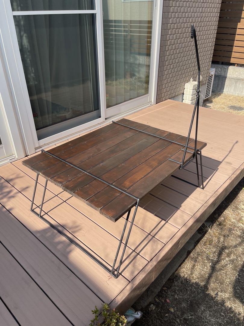 ハンドメイド　ローテーブル　ランタンスタンド付き　キャンプ　BBQ