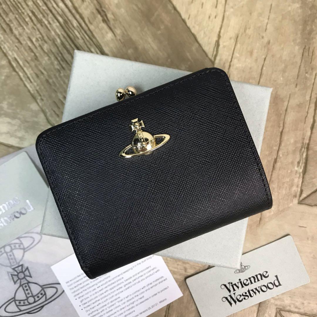 ファッションデザイナー ヴィヴィアンVivienne Westwood高級レザーがま口財布ブラック箱 小物