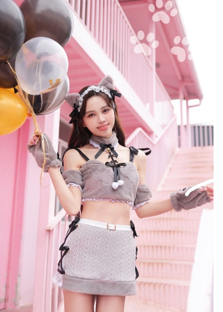 アニマルコスプレ衣装 猫耳付きグレー