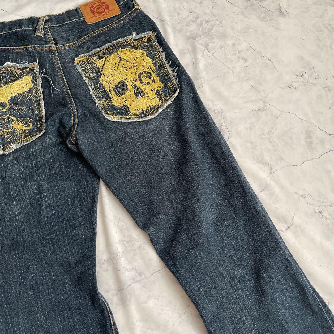 フレアデニム y2k ギャルドクロ スカルボタン エンジェル ジーンズ RMC デニム 刺繍 ジーンズ セルビッチ ドクロ スカル y2k L
