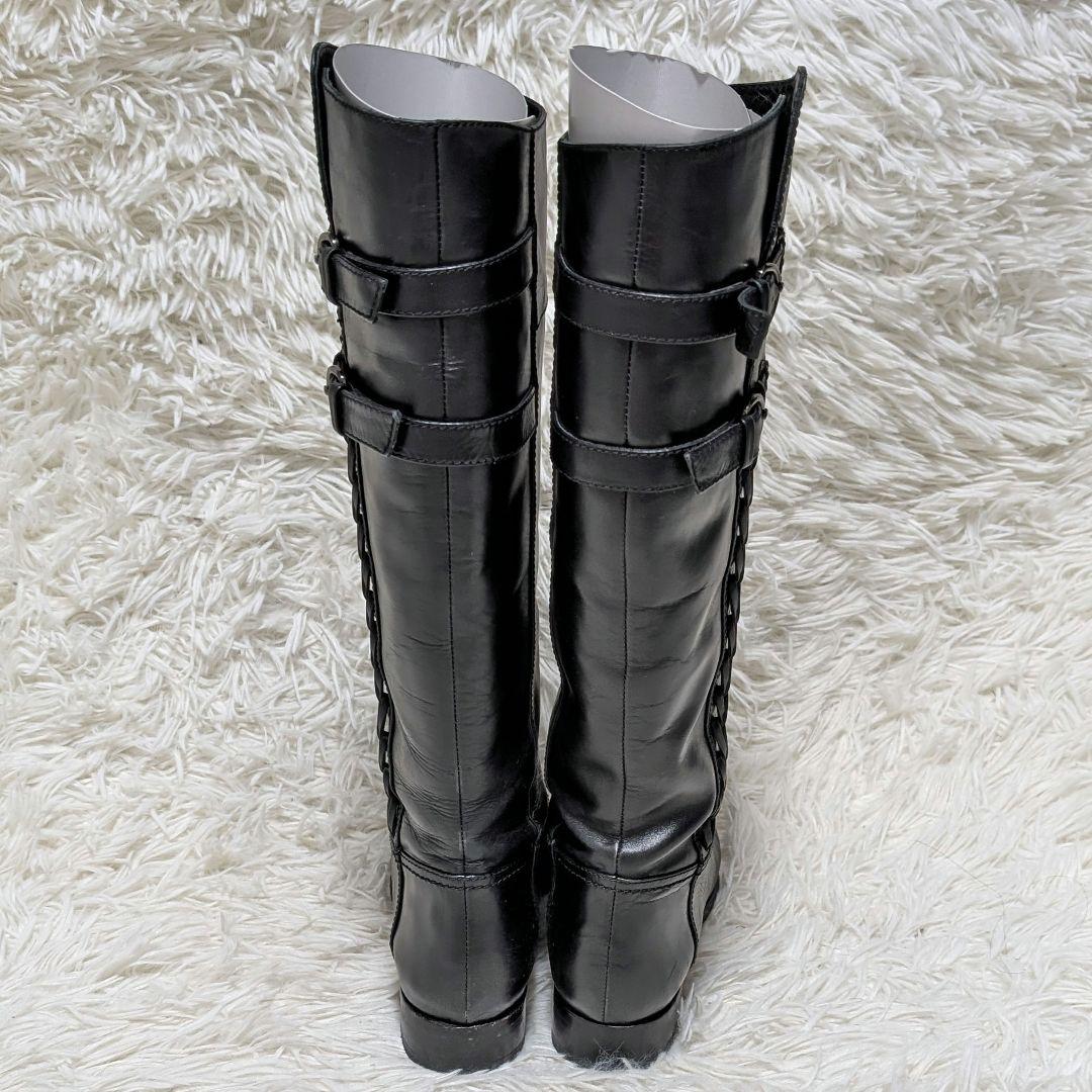銀座かねまつ　黒 レザー ロングブーツ 美脚 黒 レザー ロングブーツ ピンヒール USED 愛用品 中古 銀座